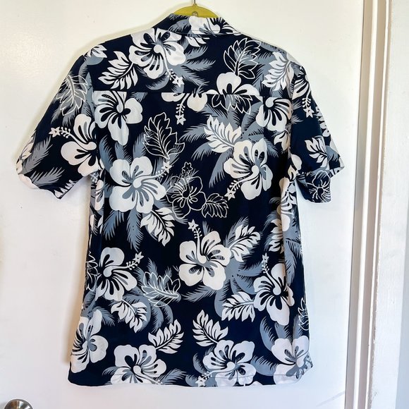 Y2K Navy Blue Hawaiian Shirt Men's M Hibiscus Floral Button Down - Picture 5 of 5